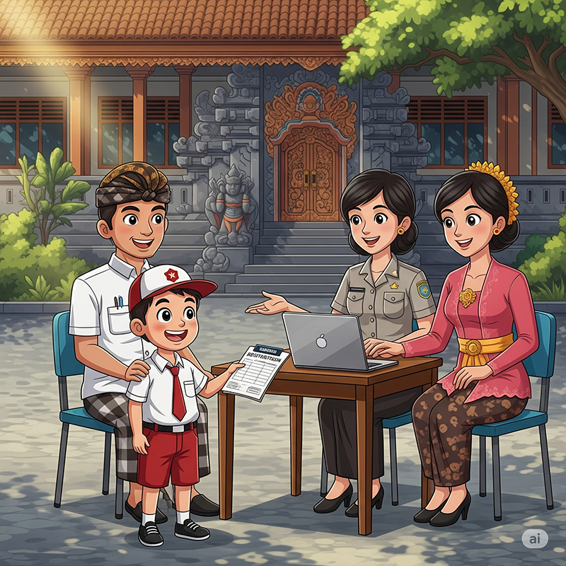 Ilustrasi Orang Tua dan Anak Datang ke Sekolah